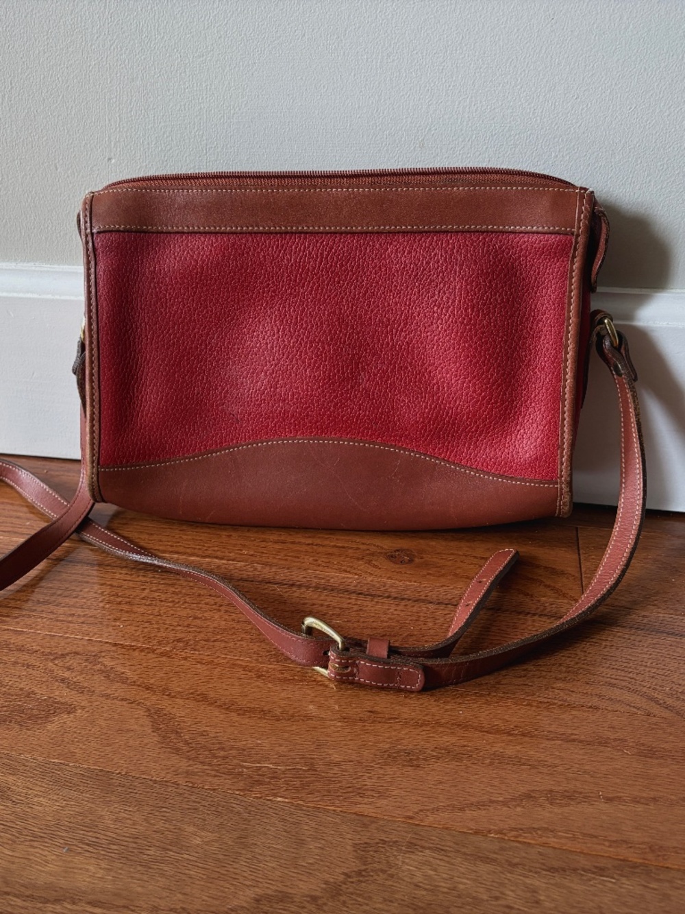 Vintage Leather Lands End Crossbody Purse Red Pebbled Brown Made in the USA